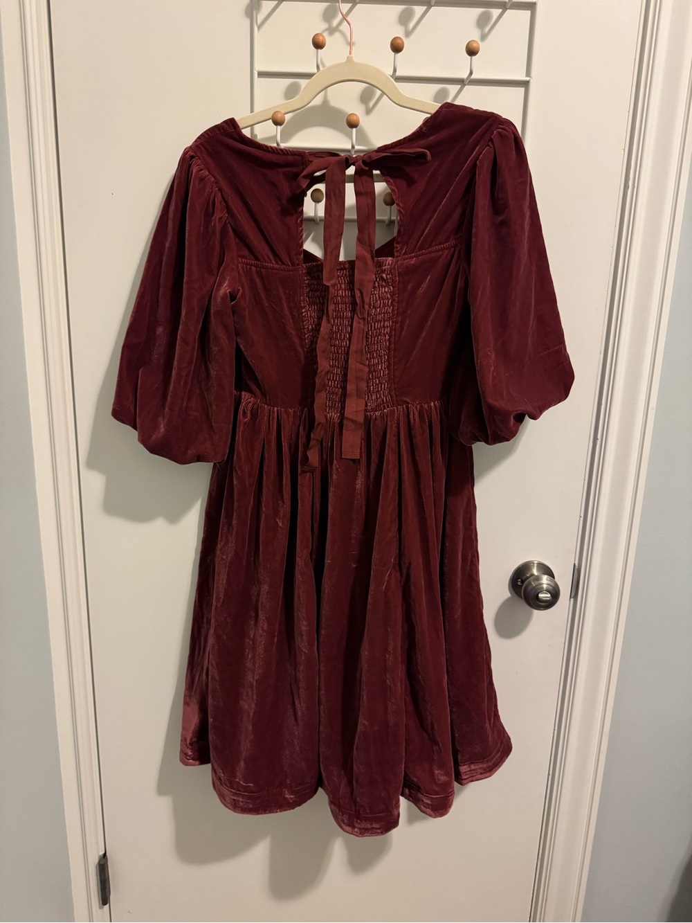 Velvet pinkish reddish Puff Sleeve Tie-Back Dress